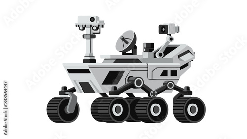 Pixel Art Mars Rover With Six Wheels and Advanced Cameras Exploring Alien Planet Surface in Black and White Tones