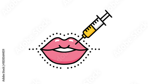 Pixel Art Pink Lips Receiving Injection from Syringe with Yellow Liquid on Black Background Aesthetic Medical Procedure