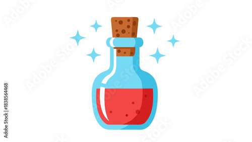 Pixel Art Potion Bottle With Red Liquid And Cork Stopper Surrounded By Sparkling Stars On A Black Background