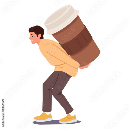 Young man cartoon character carrying huge takeaway cup of coffee on back isolated on white