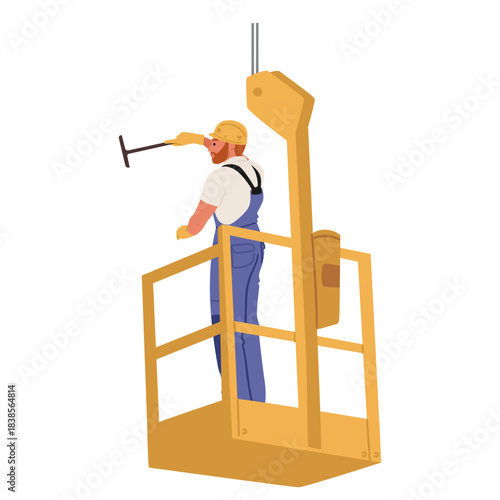 Window cleaner cartoon character using facade lift engaged in high-rise work for urban maintenance