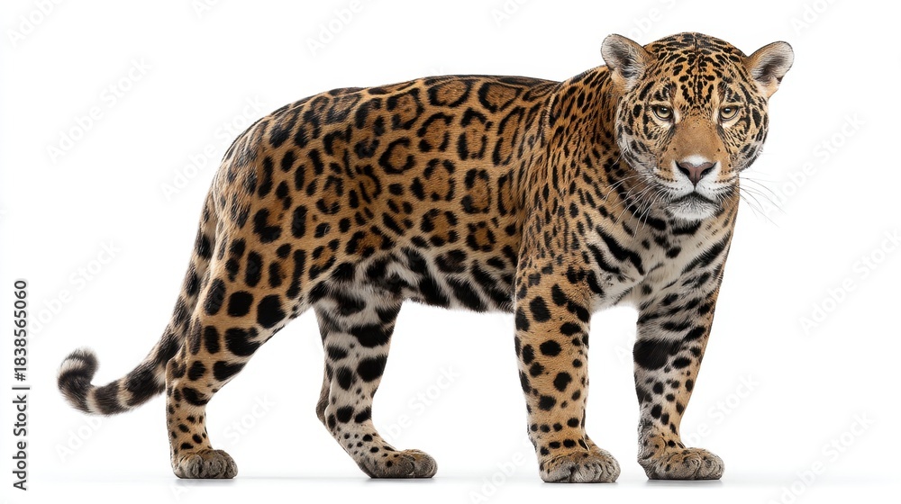Obraz premium Jaguar stands on a white background displaying its unique coat patterns and muscular body. Its face looks alert as it focuses on its surroundings with keen eyes.