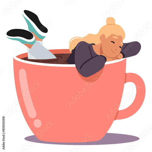 Happy relaxed young woman cartoon character swimming in huge cup of coffee isolated on white