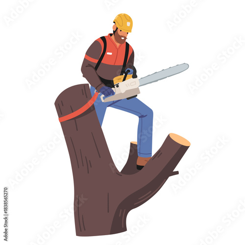 Lumberjack male cartoon character using electric saw for high-access tree cutting isolated on white