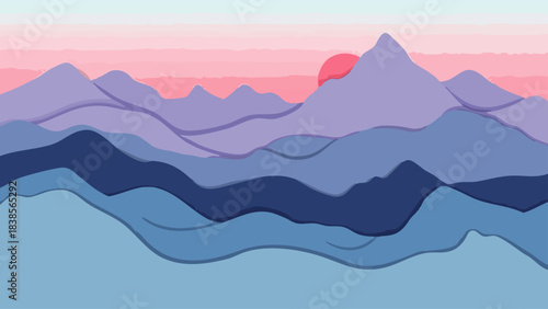 A beautifully illustrated minimalist mountain landscape showcases a serene sunset over layered peaks, rendered in a calming palette of blues, purples, and pinks.