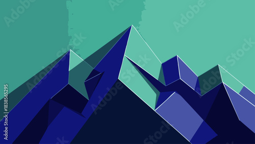 A striking abstract illustration showcasing sharp, angular geometric mountain peaks against a serene teal sky, emphasizing modern digital art and minimalist design.
