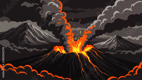 A powerful volcanic eruption illuminates the dark night sky with fiery lava flows and dense smoke plumes rising from the active crater.