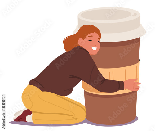 Happy overjoyed young woman hugging coffee cup to-go drink enjoying opportunity for refreshing