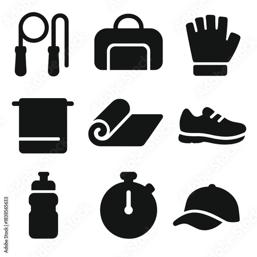 Fitness equipment icons: jump rope, yoga mat, stopwatch, sneakers, gym bag