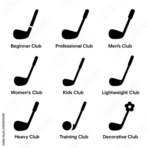 Various golf clubs with playful designs and labels