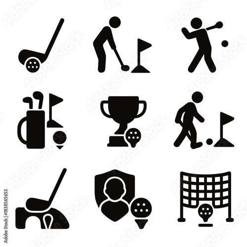 Golf icons set featuring golfers, clubs, trophy, and flag