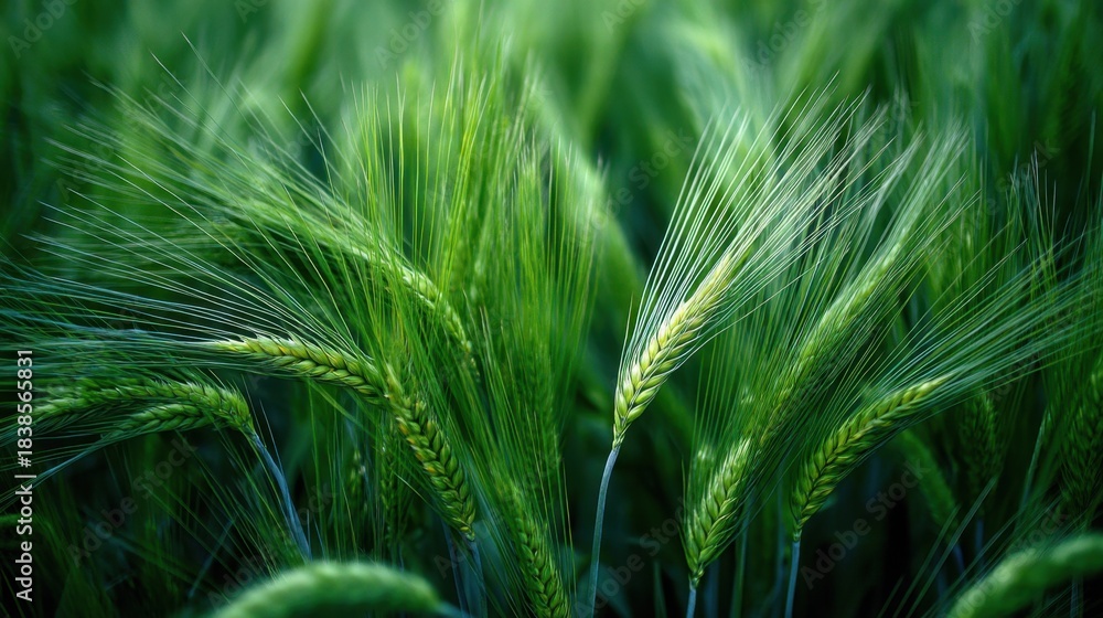 Fototapeta premium Green wheat stalks are growing in a field under bright sunlight. The plants sway slightly in the wind indicating a warm summer day. The scene shows healthy crop development.