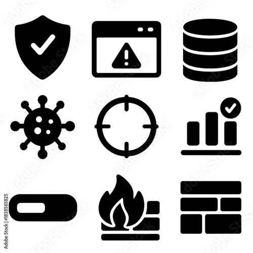 Cybersecurity icons featuring shield, virus, firewall, and data protection