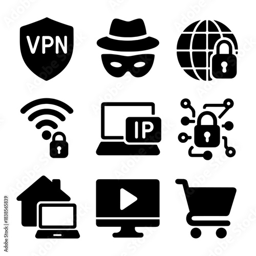 Cybersecurity icons: vpn, hacker, global network, and digital security symbols