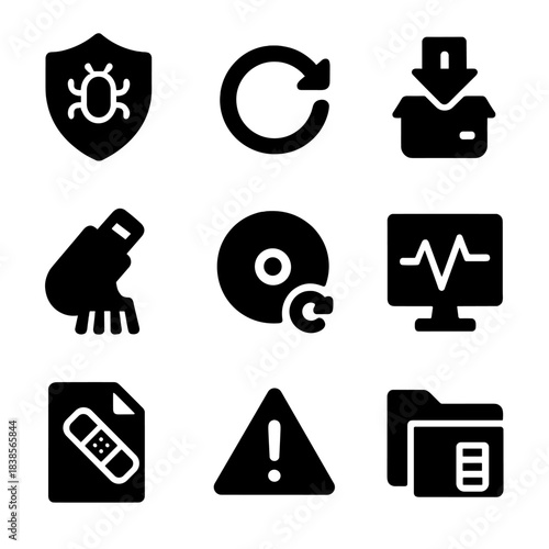 Cybersecurity icons: malware, backup, and software update symbols