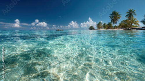 Clear blue water in a tropical area with visible sand beneath. Palm trees line the shore and fluffy clouds float in the sky. It is a bright sunny day.