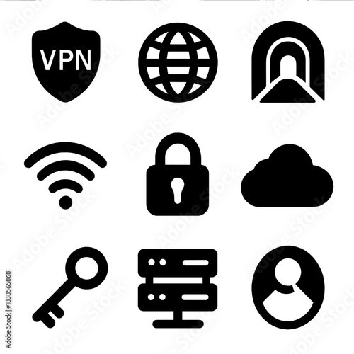 Vpn security icons: cloud, lock, key, network, server for online protection