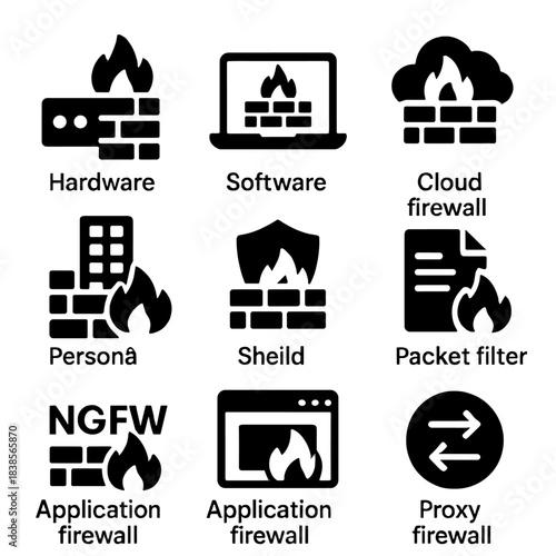 Cybersecurity icons collection: firewalls, shields, proxy, and filters