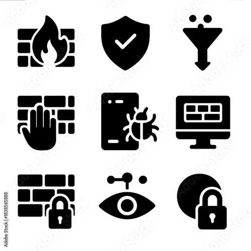 Cyber security icons: firewall, shield, virus protection in modern web safety design