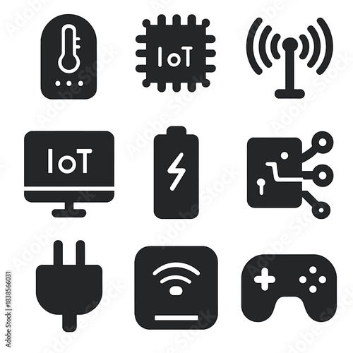 Iot technology icons set featuring thermostat antenna and circuit symbols