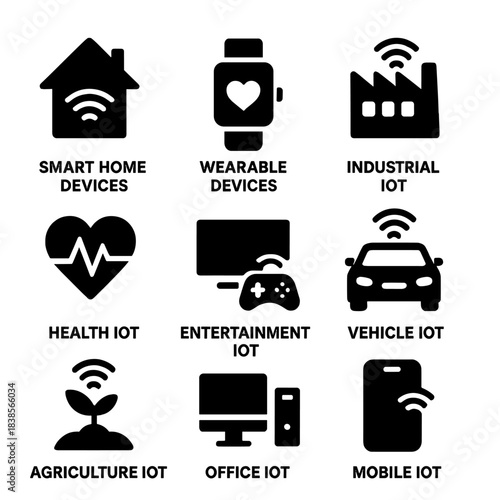 Icons of iot in smart home, wearable, industrial, health, and more sectors