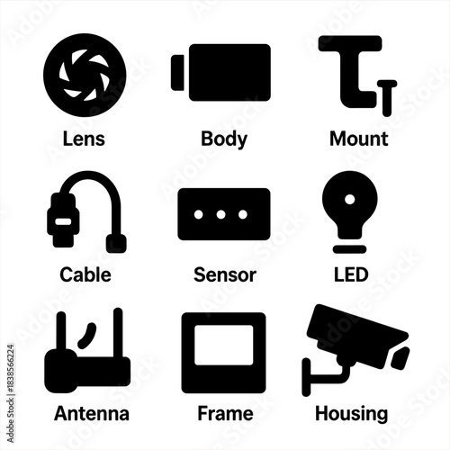 Camera components icons: lens, sensor, led, antenna, frame, housing