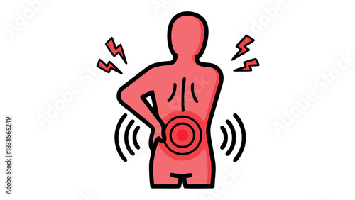 Red Silhouette of a Person Experiencing Lower Back Pain with Visual Indicators of Discomfort on a Black Background