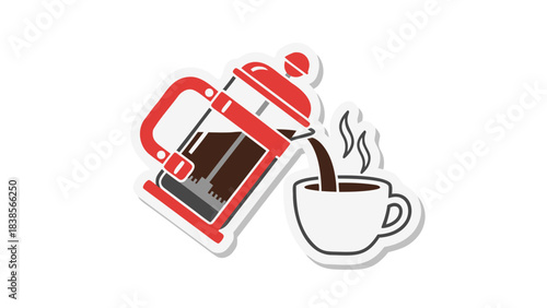 Red French Press Pouring Hot Dark Coffee Into a White Ceramic Cup with Steam Rising Against a Black Background Clean Flat Vector Illustration with White Border