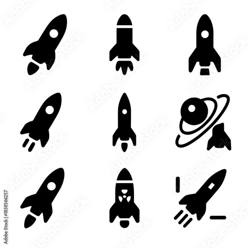 Black rocket silhouette icons on gradient background with space elements