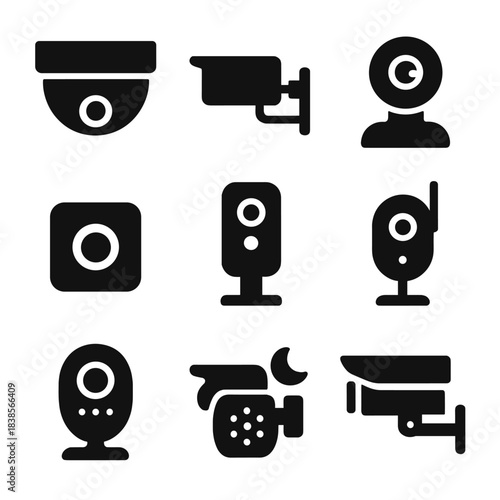 Silhouette icons of various cctv and security cameras on gray background