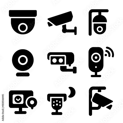 Surveillance camera icons: security systems and cctv monitoring technology