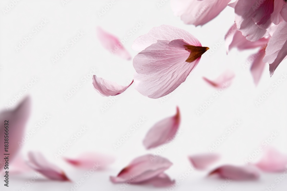 Naklejka premium Pink Cherry Blossom Petals Falling On White Background