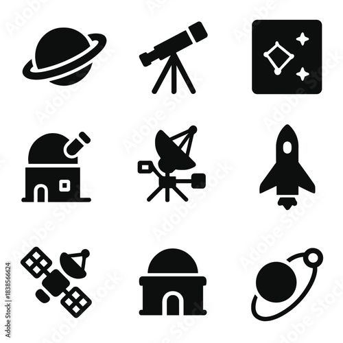 Space exploration icons: telescope, satellite, rocket, planet, observatory