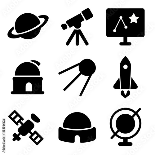 Astronomy icons set: telescope, satellite, rocket, planet, observatory, space
