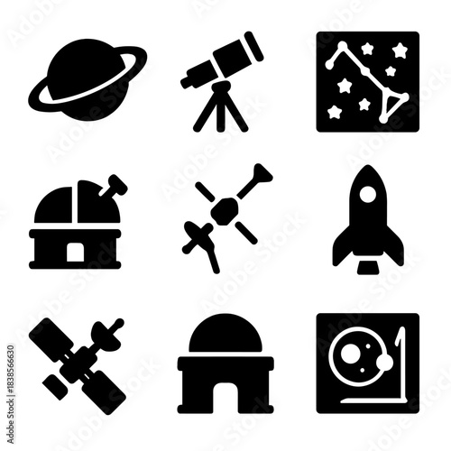 Astronomy icons: telescope, rocket, planet, observatory, satellite