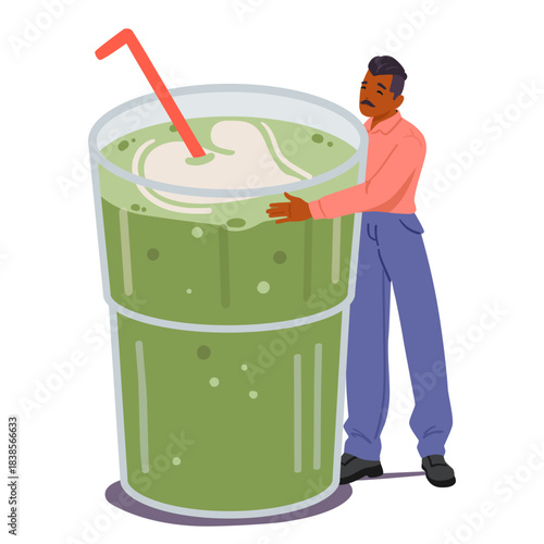 Tiny man cartoon character hugging huge glass with traditional Japanese Matcha isolated on white