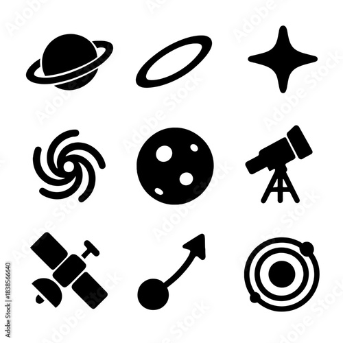 Celestial icons: telescope, moon, planet, satellite, orbit, galaxy, space symbols