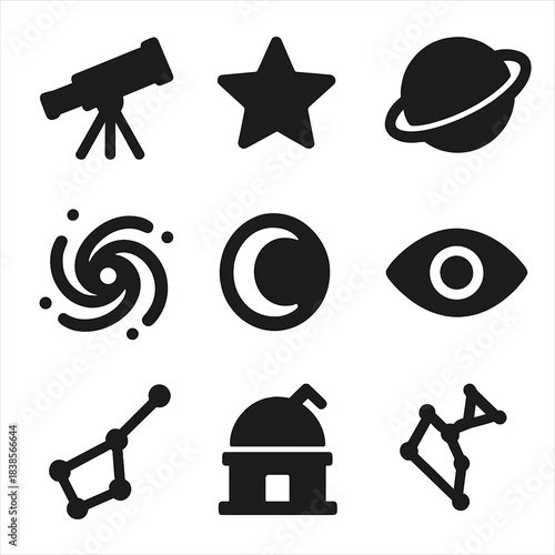 Space icons set featuring telescope, star, planet, galaxy, and constellations
