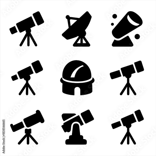 Silhouette icons of telescopes and observatories in modern design