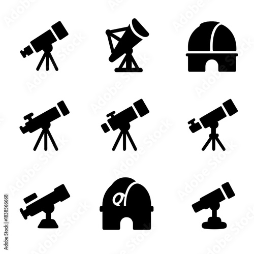 Silhouette telescopes and observatories icons on dark background