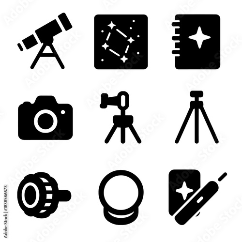Astronomy and photography icons: telescope, camera, constellations, tripod