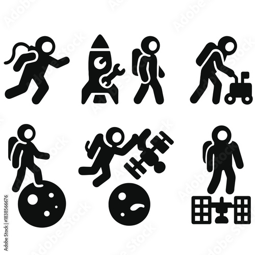 Astronaut silhouettes exploring space with rockets and satellites