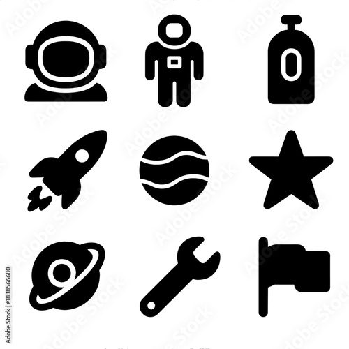 Space icons set: astronaut, rocket, planet, wrench, flag, star designs