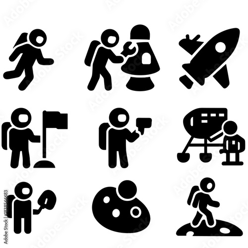 Geometric icons depicting astronauts and space exploration