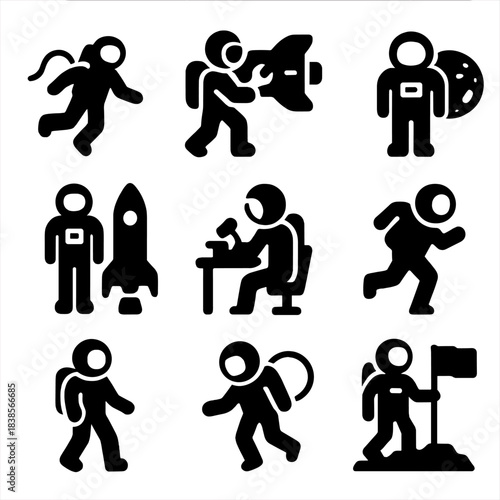 Black dimensional icons depicting various astronaut activities in outer space