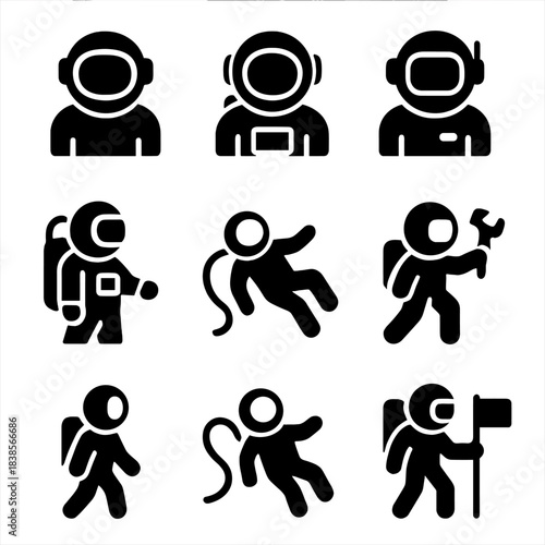 Silhouette icons of astronauts in various poses and actions