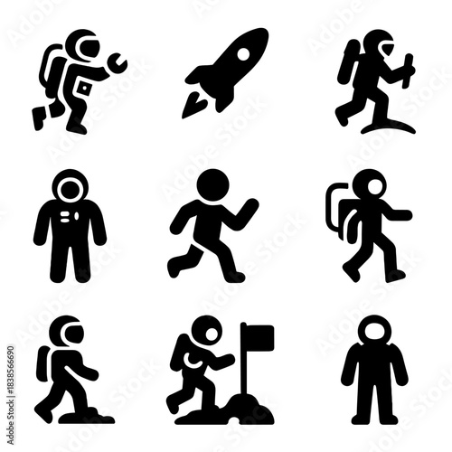 Silhouette icons of astronauts and space exploration gadgets