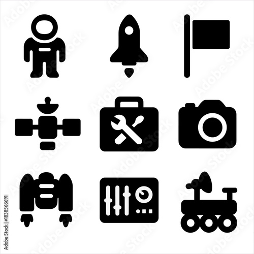 Space exploration icons: astronaut, rocket, flag, satellite, camera, toolbox, rover