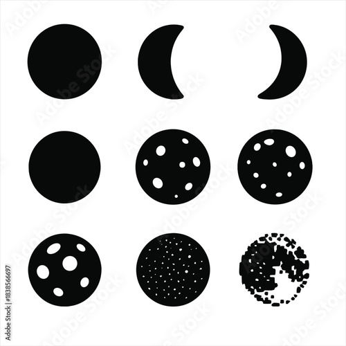 Phases and textures of the moon in nine minimalist black and white icons