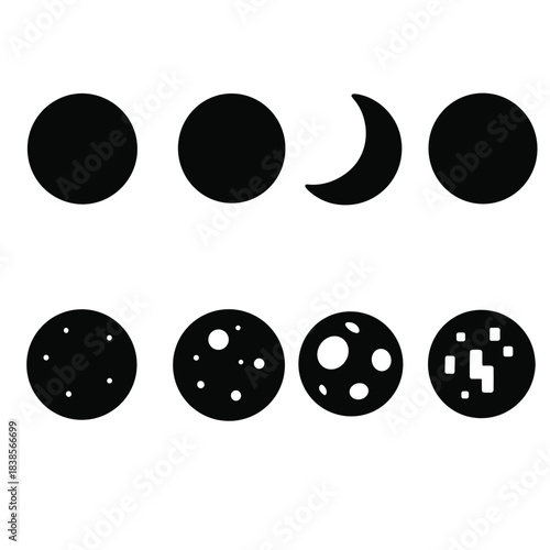 Minimalistic black icons of moon phases and celestial bodies on gray background